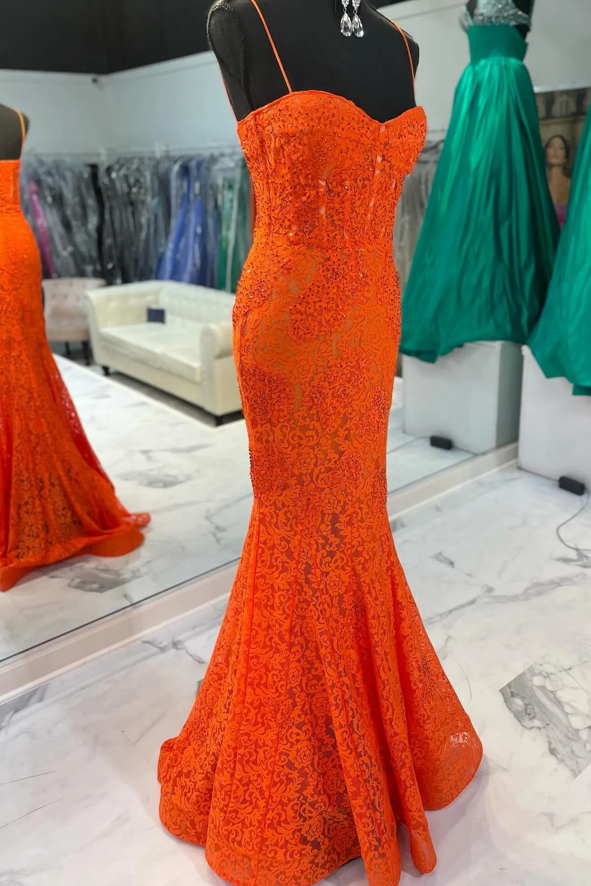 Straps Blue Lace Mermaid Prom Dress