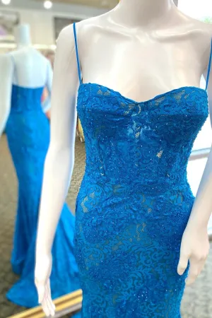 Straps Blue Lace Mermaid Prom Dress