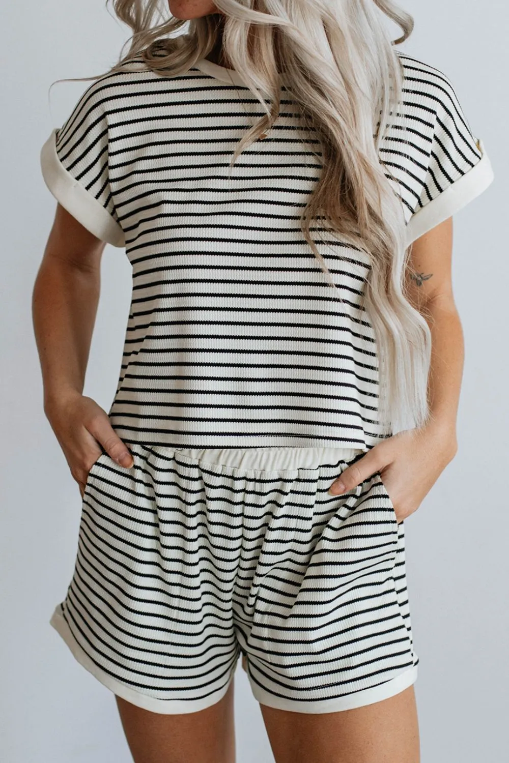 Striped Contrast Top and Shorts Set