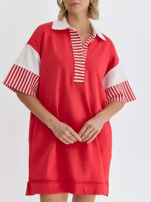 Striped Polo Dress with Lapel Collar and Loose Fit