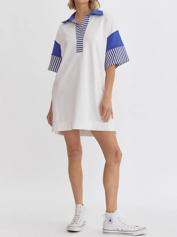 Striped Polo Dress with Lapel Collar and Loose Fit