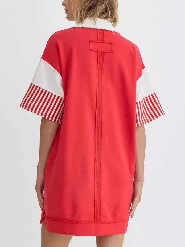 Striped Polo Dress with Lapel Collar and Loose Fit
