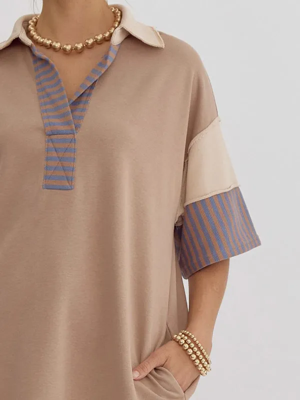 Striped Polo Dress with Lapel Collar and Loose Fit