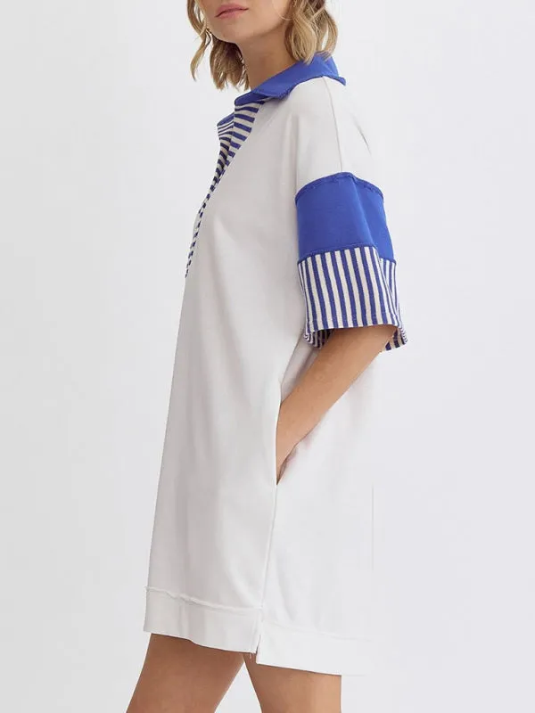 Striped Polo Dress with Lapel Collar and Loose Fit
