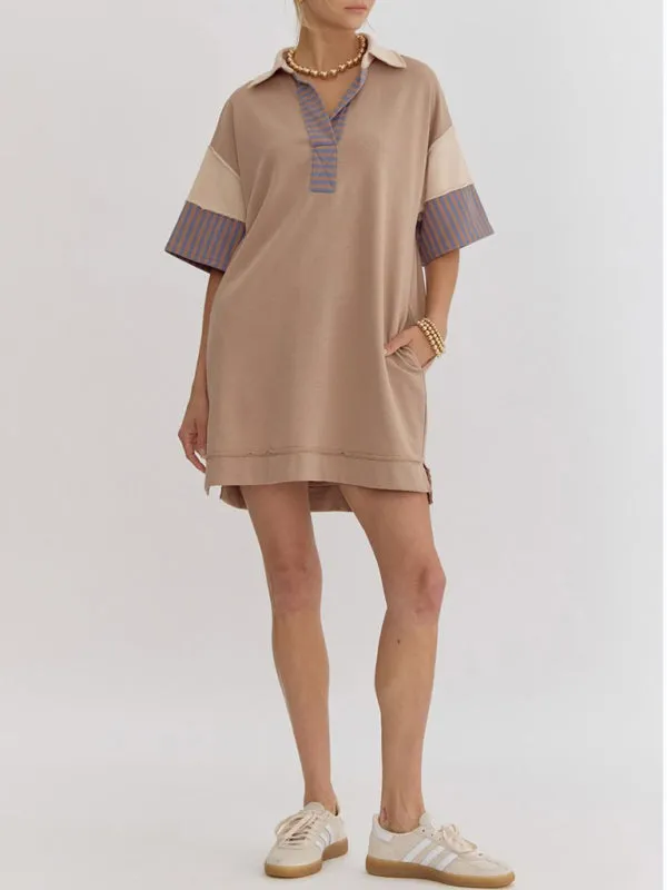 Striped Polo Dress with Lapel Collar and Loose Fit