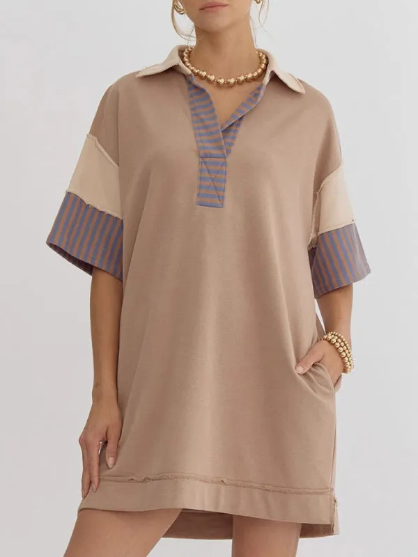 Striped Polo Dress with Lapel Collar and Loose Fit