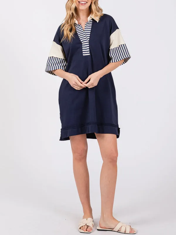 Striped Polo Dress with Lapel Collar and Loose Fit