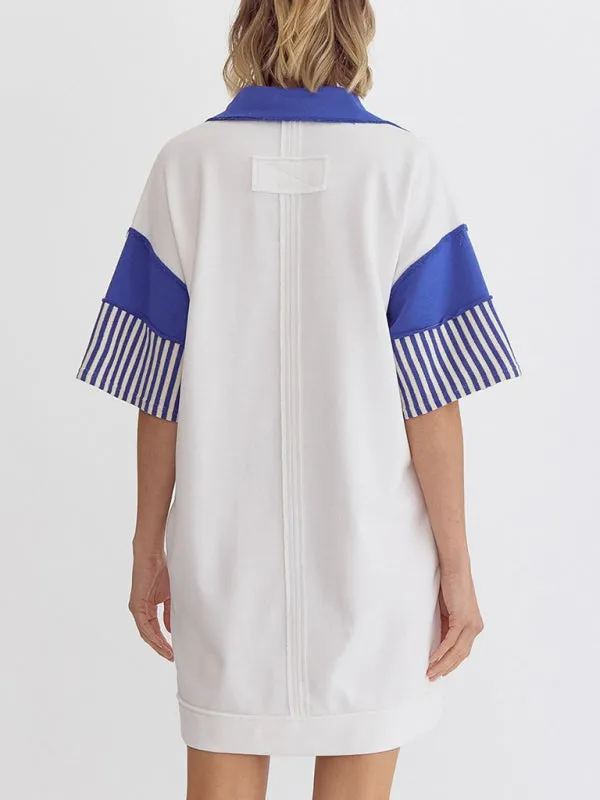 Striped Polo Dress with Lapel Collar and Loose Fit