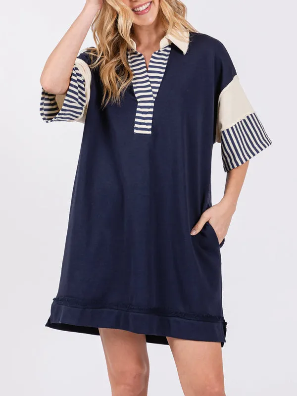 Striped Polo Dress with Lapel Collar and Loose Fit