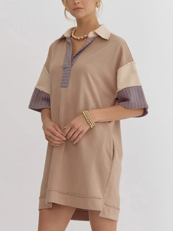 Striped Polo Dress with Lapel Collar and Loose Fit