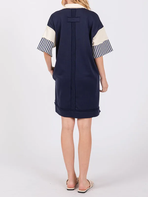 Striped Polo Dress with Lapel Collar and Loose Fit