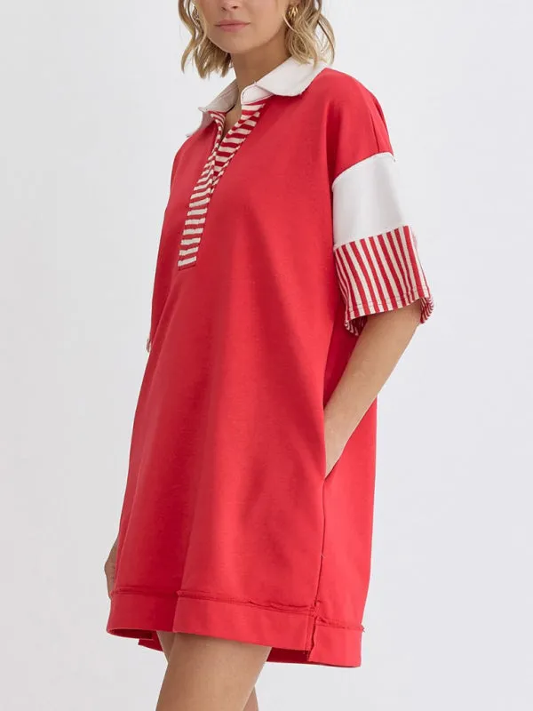 Striped Polo Dress with Lapel Collar and Loose Fit