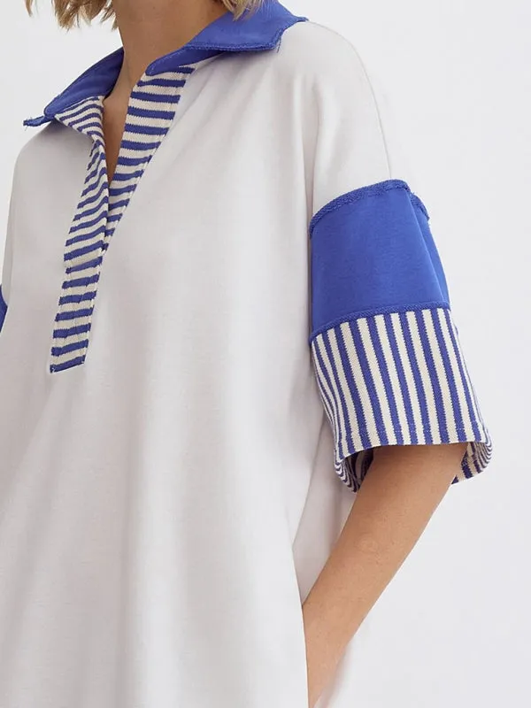 Striped Polo Dress with Lapel Collar and Loose Fit