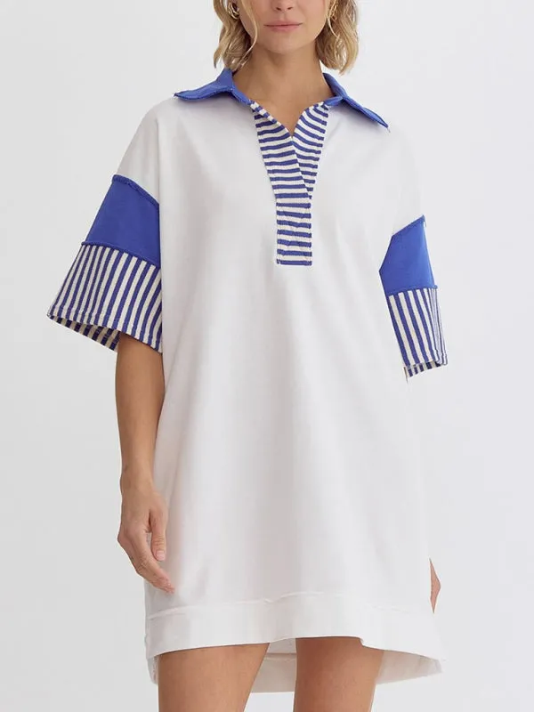 Striped Polo Dress with Lapel Collar and Loose Fit