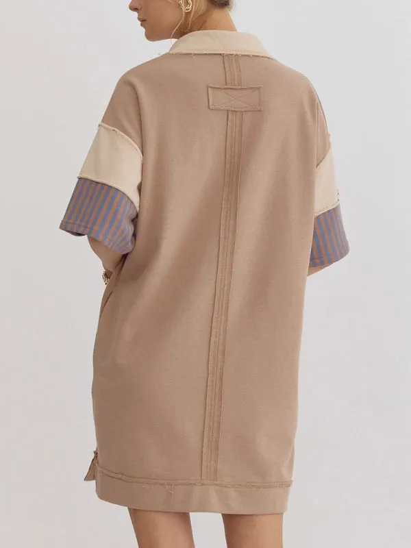 Striped Polo Dress with Lapel Collar and Loose Fit