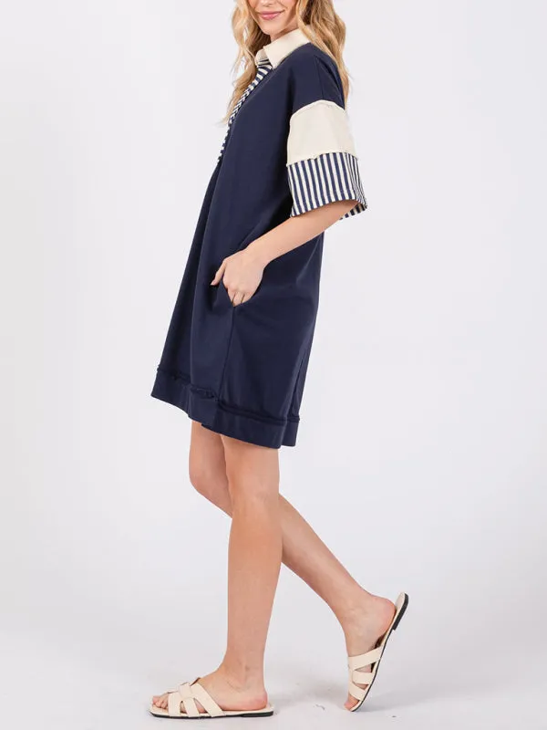 Striped Polo Dress with Lapel Collar and Loose Fit