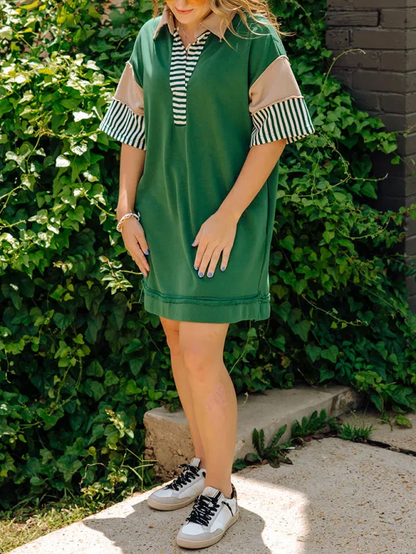 Striped Polo Dress with Lapel Collar and Loose Fit