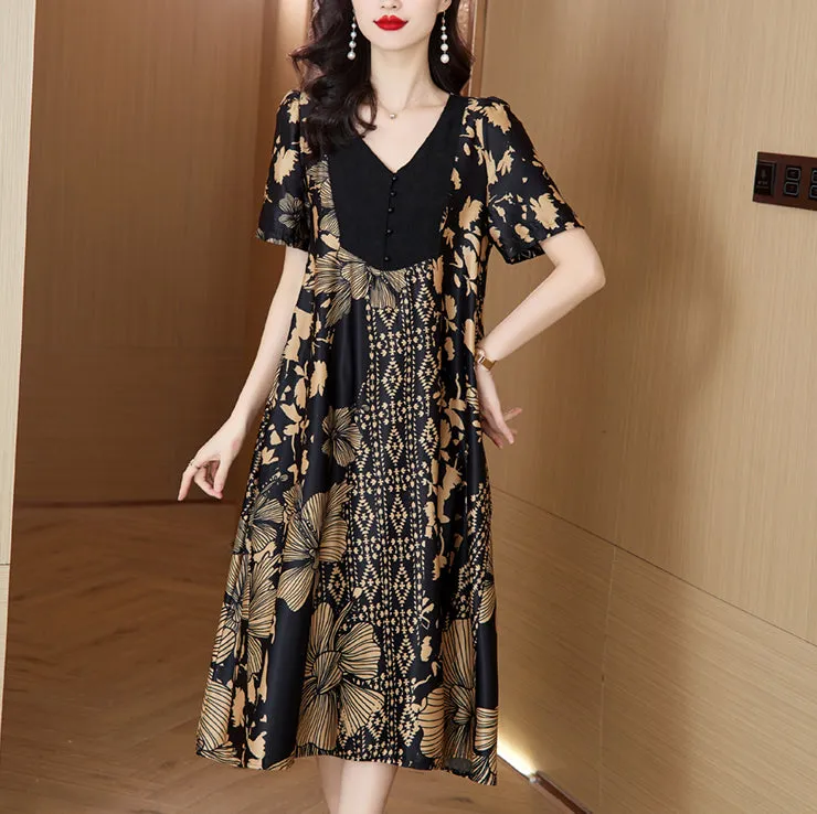Summer new patchwork V-neck loose temperament dress
