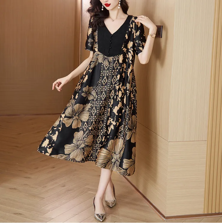 Summer new patchwork V-neck loose temperament dress