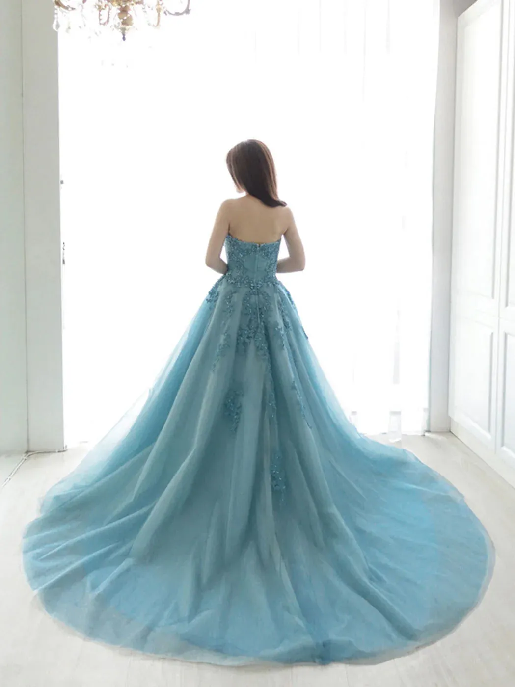 Sweetheart Neck Blue Tulle Lace Long Prom Dress, Blue Lace Tulle Formal Evening Dress