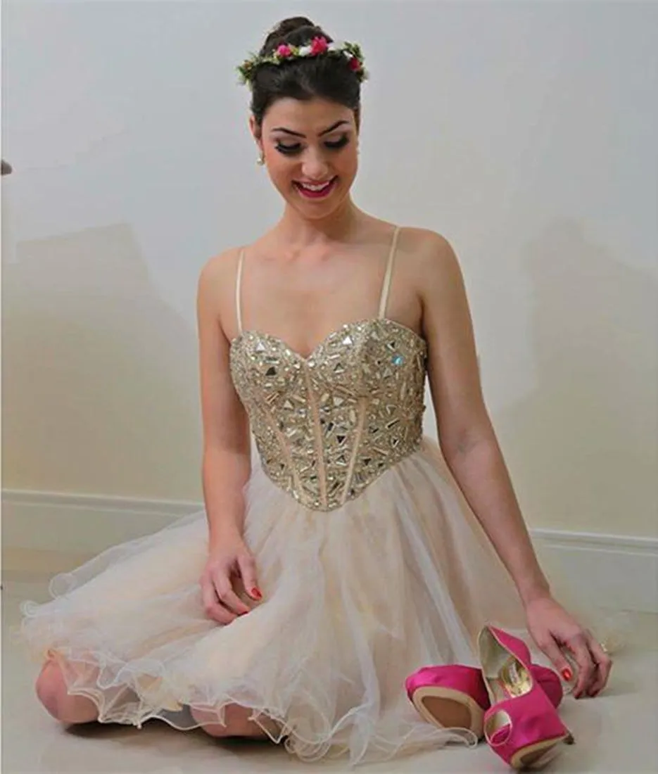 Sweetheart Neck Spaghetti Straps Tulle Champagne Homecoming Dresses, Champagne Short Prom Dresses, Graduation Dresses, Evening Dresses