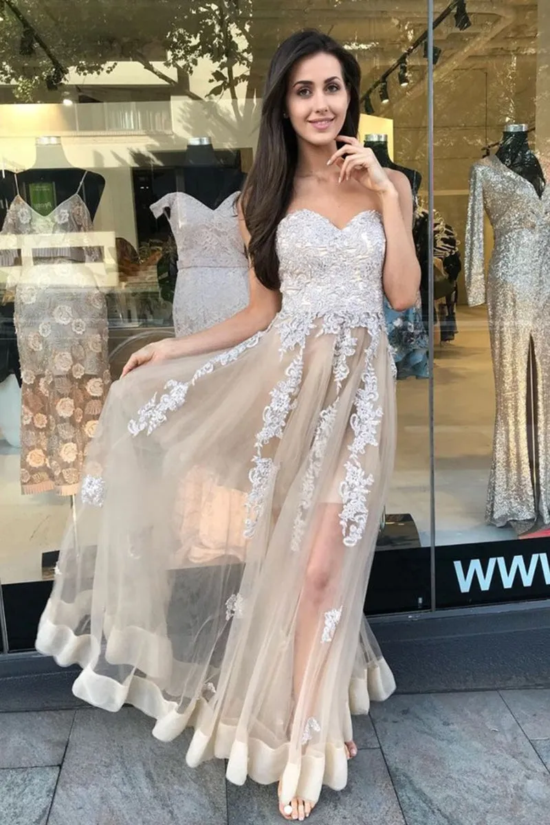 Sweetheart Neck Strapless Ivory Lace Appliques Champagne Prom Dress, Champagne Lace Formal Dress, Champagne Evening Dress
