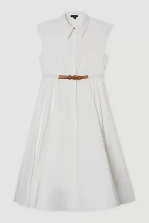 Tailored Cotton Belted Collared Full Midi Dress