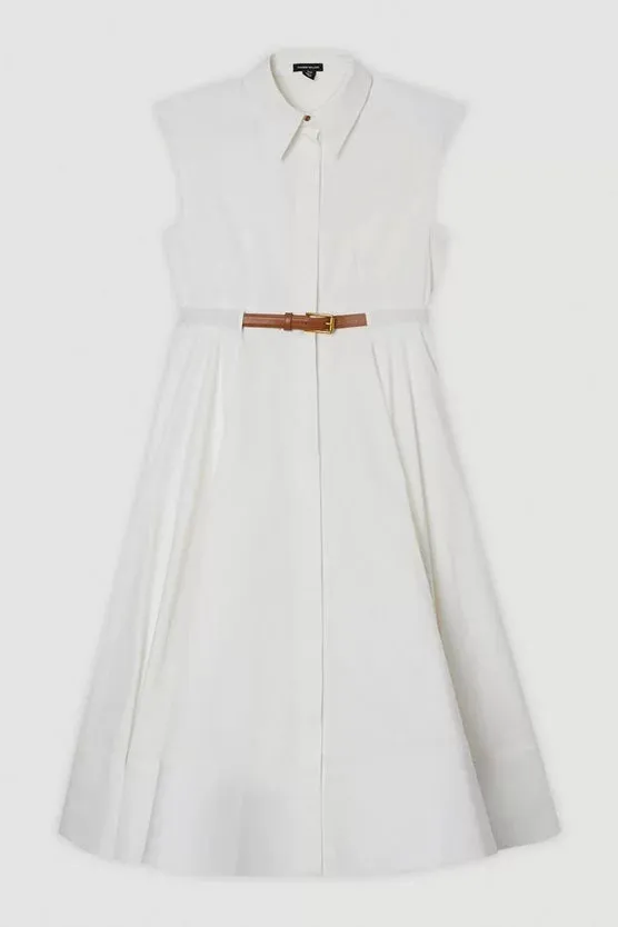 Tailored Cotton Belted Collared Full Midi Dress