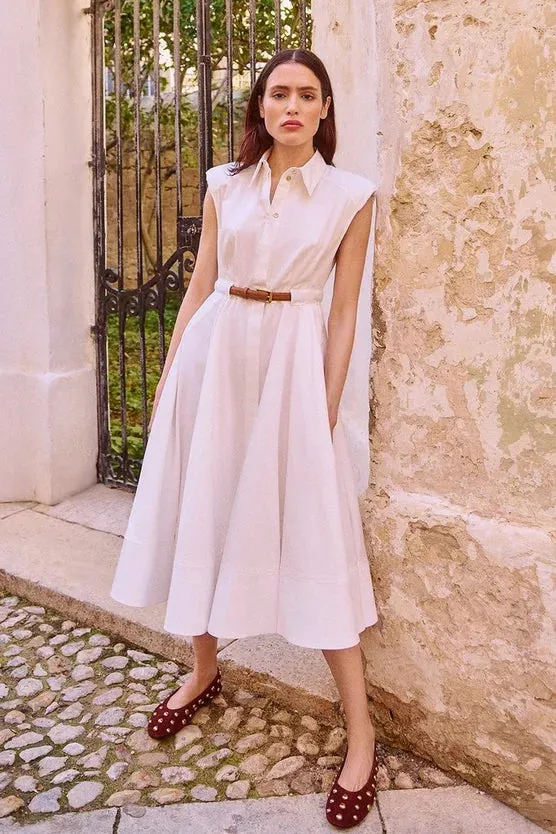 Tailored Cotton Belted Collared Full Midi Dress