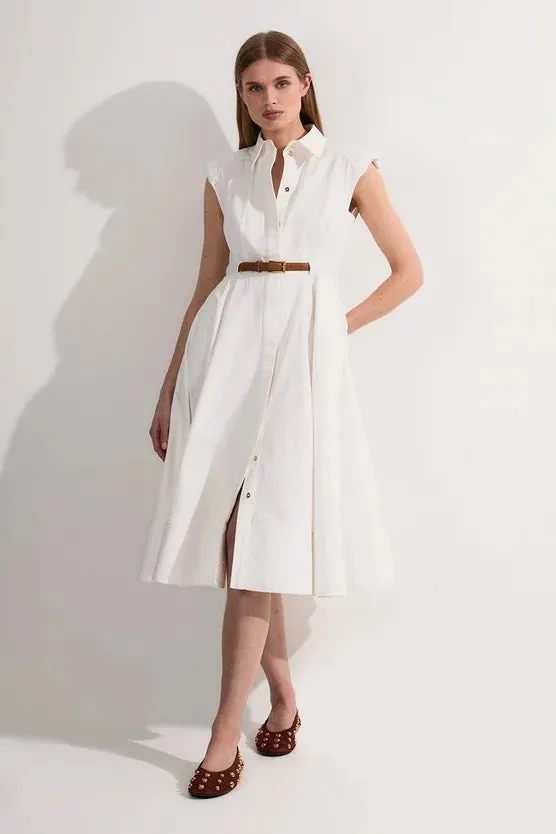 Tailored Cotton Belted Collared Full Midi Dress