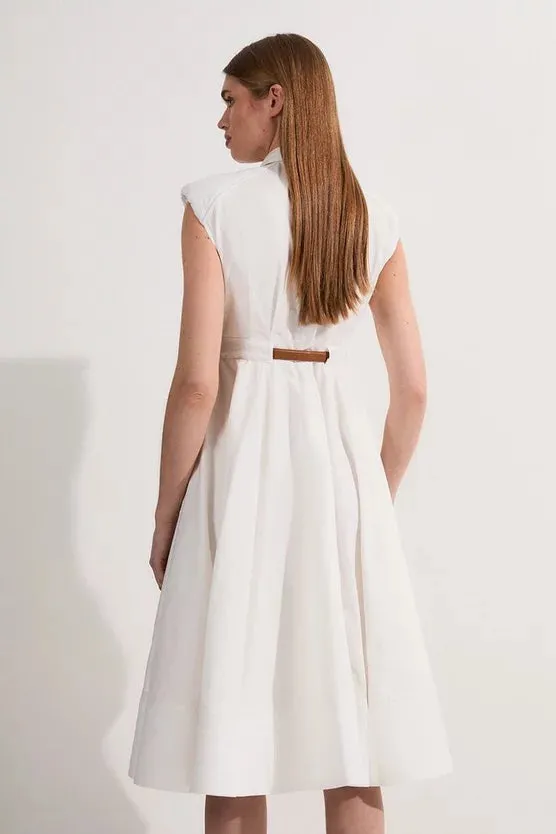 Tailored Cotton Belted Collared Full Midi Dress