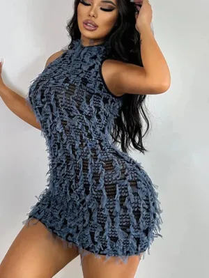 Tassel Sleeveless Knit See Through Stretch Dress