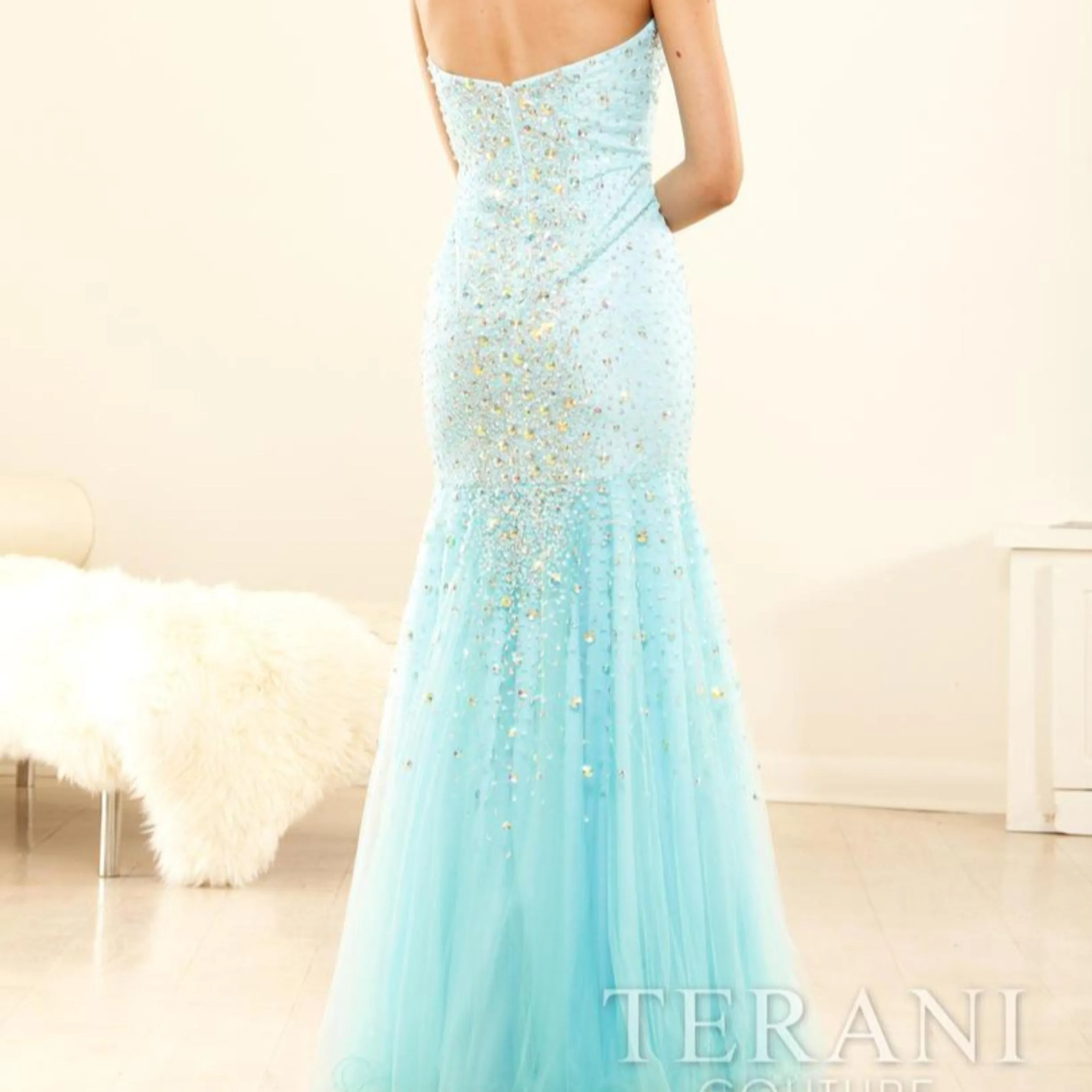 TERANI COUTURE Aqua Strapless Embellished Long Dress Size 8