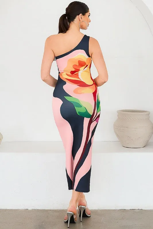 The One Shoulder Flower Print Dress