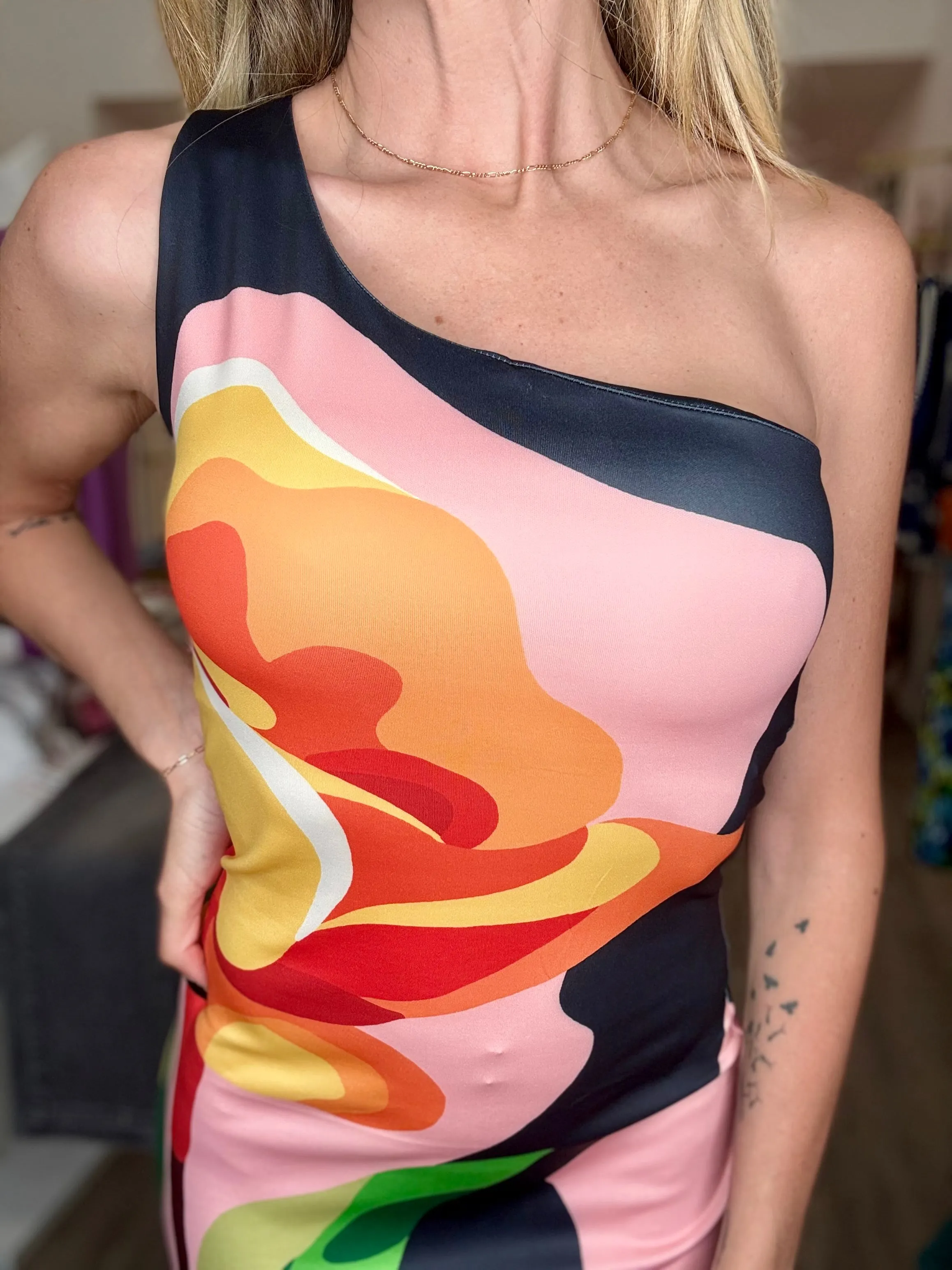 The One Shoulder Flower Print Dress