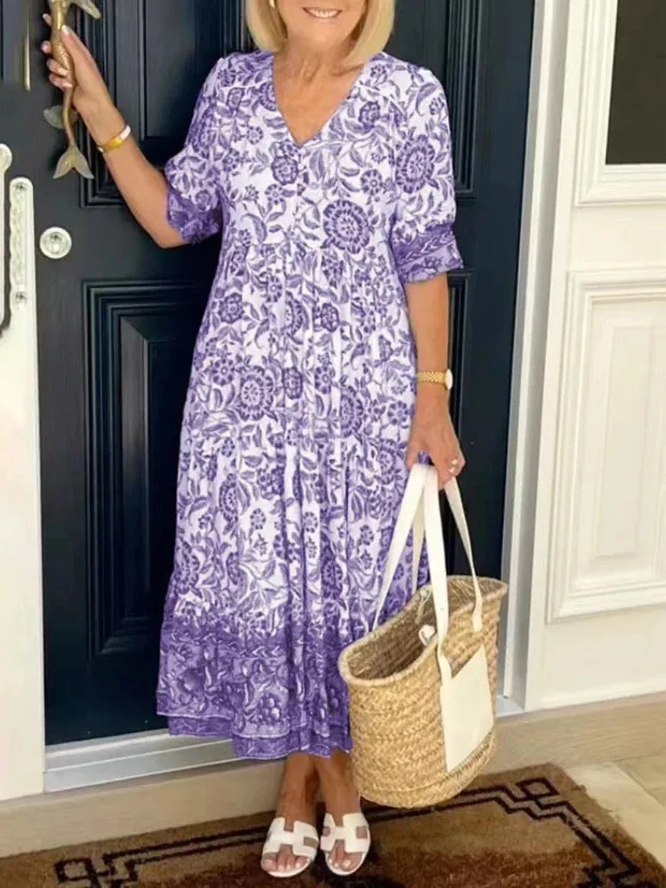 Tie-dye V-neck Floral Dress Plus Size Loose Summer Dress