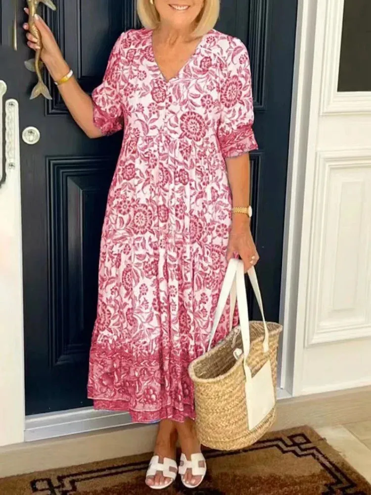 Tie-dye V-neck Floral Dress Plus Size Loose Summer Dress