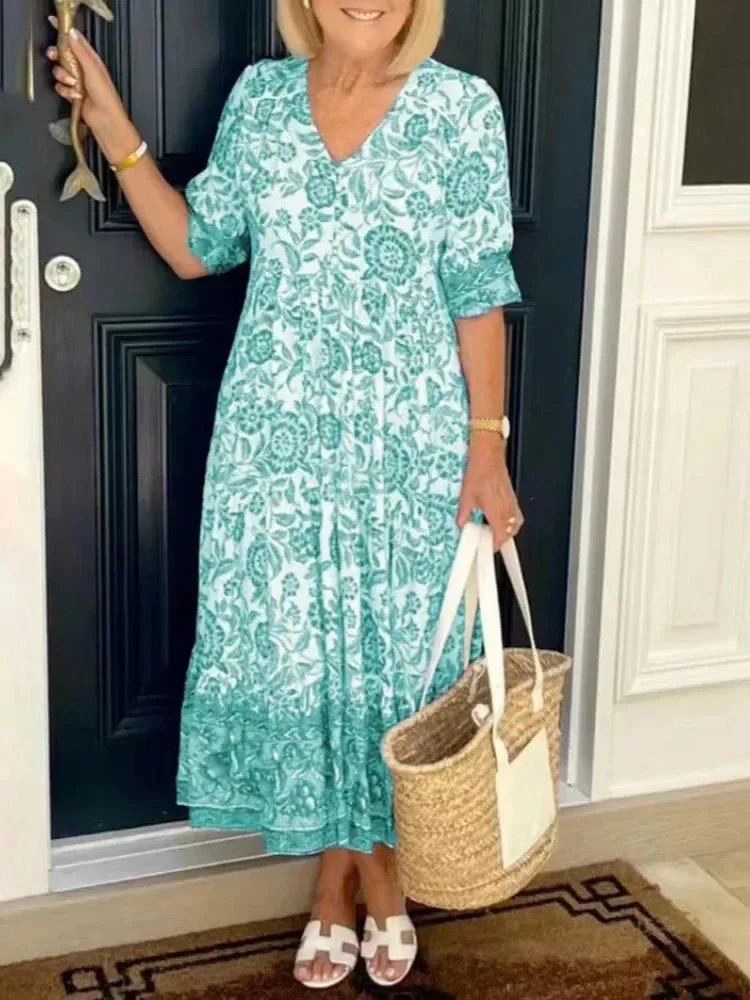Tie-dye V-neck Floral Dress Plus Size Loose Summer Dress