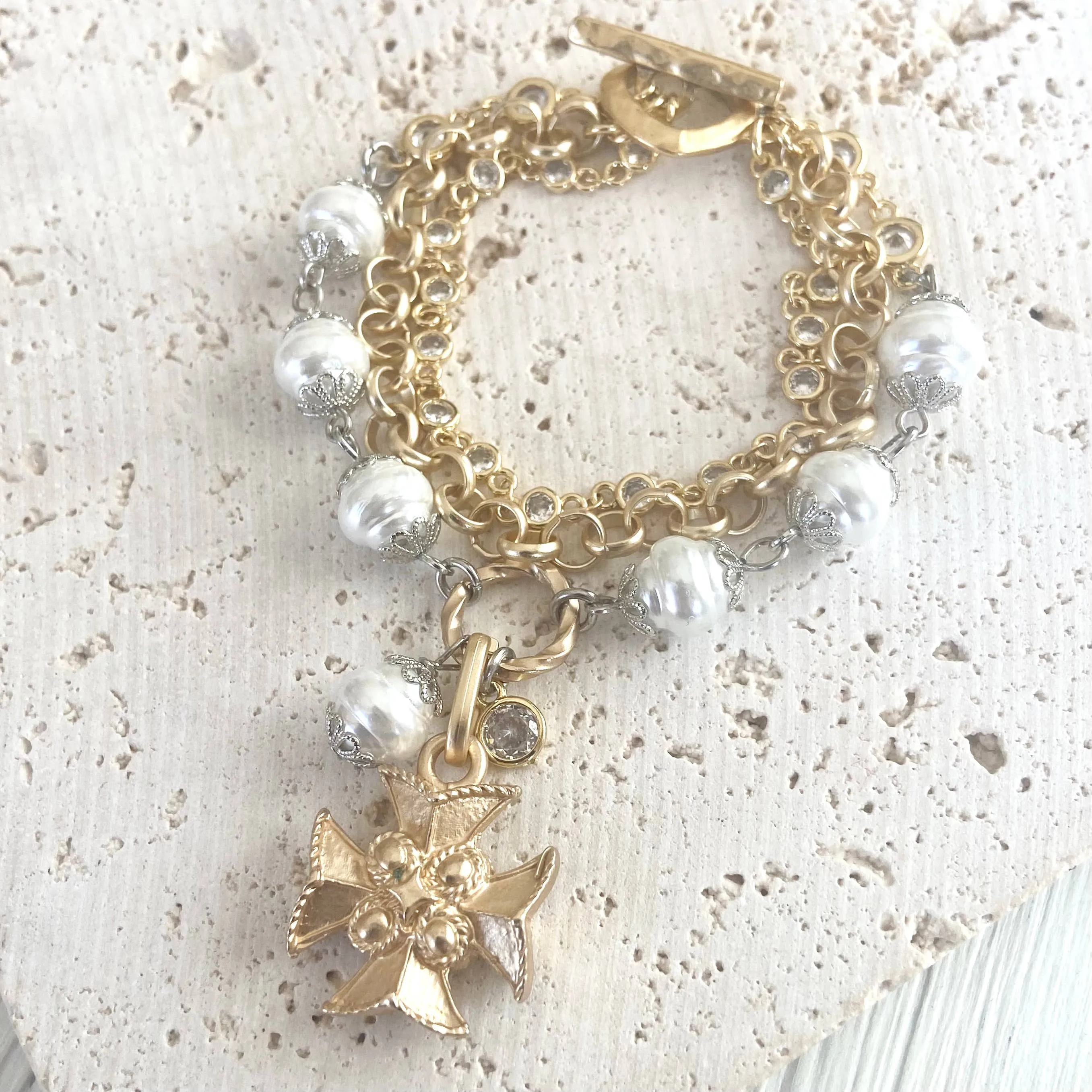 Triple layered pearl crystal bracelet