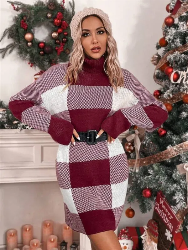 Turtleneck Plaid Mini Sweater Dress with Loose Fit