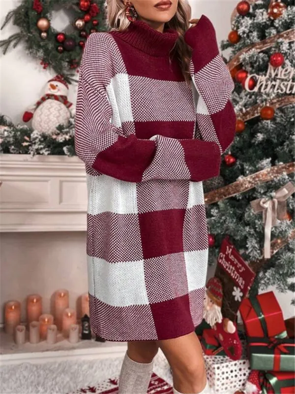 Turtleneck Plaid Mini Sweater Dress with Loose Fit