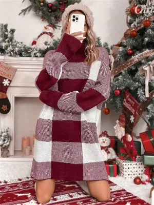 Turtleneck Plaid Mini Sweater Dress with Loose Fit