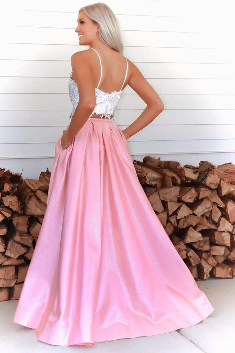 Two Pieces White Lace Top Pink Long Prom Dress with High Slit, 2 Pieces Pink Lace Formal Graduation Evening Dress
