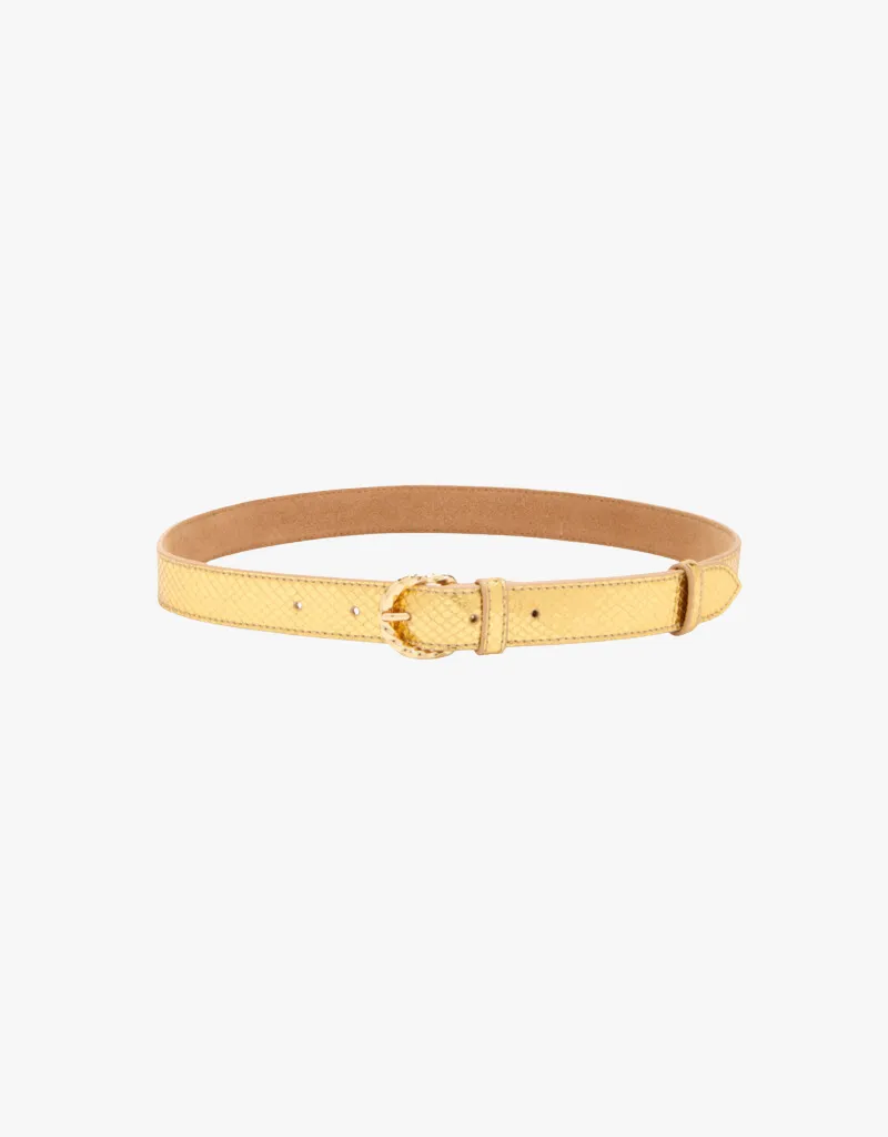 Ulla Johnson Gia Twisted Buckle Belt in Gold Python
