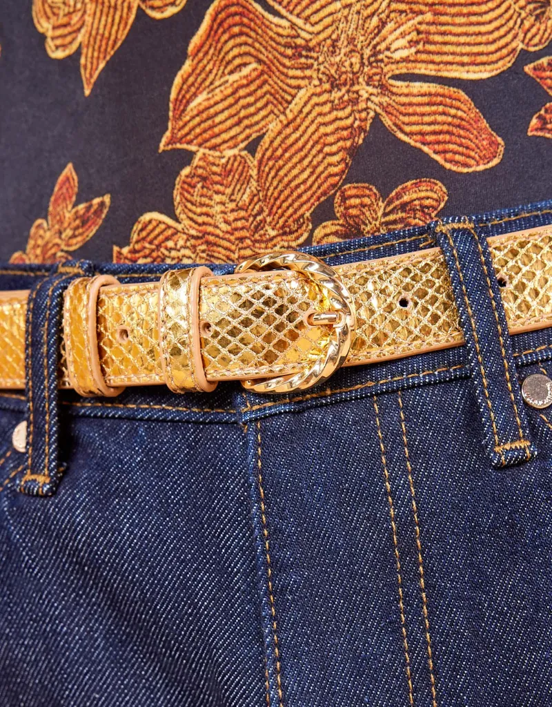 Ulla Johnson Gia Twisted Buckle Belt in Gold Python