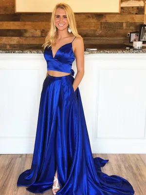V Neck 2 Pieces Backless Royal Blue Long Prom Dresses with Leg Slit, Two Pieces Royal Blue Formal Graduation Evening Dresses