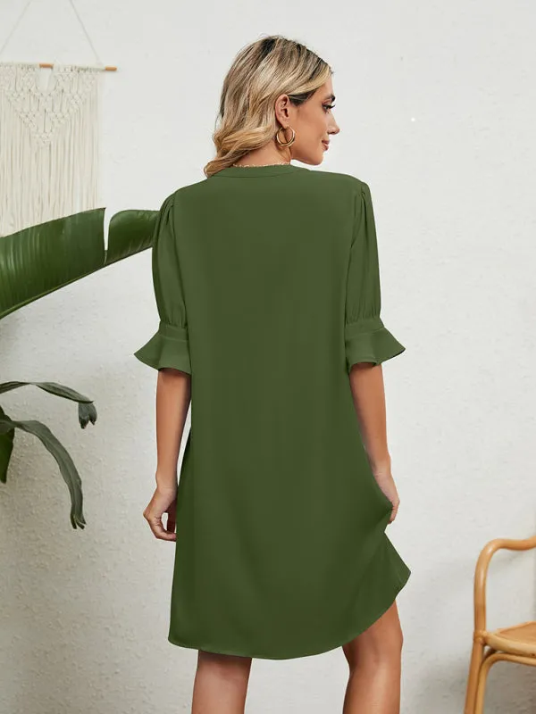 V-Neck Knee-Length Dress with Ruffled Sleeves and Loose Fit