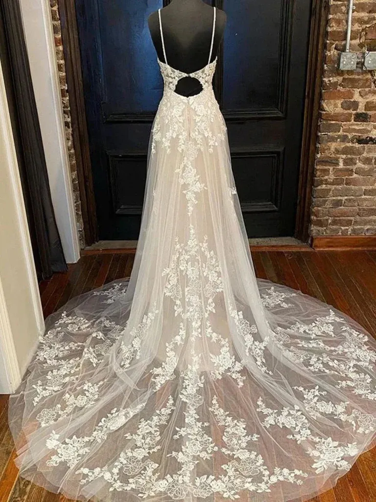 V Neck Open Back Ivory Lace Long Prom Dresses with Train, Ivory Lace Wedding Dresses,  Ivory Lace Backless Long Formal Evening Dresses