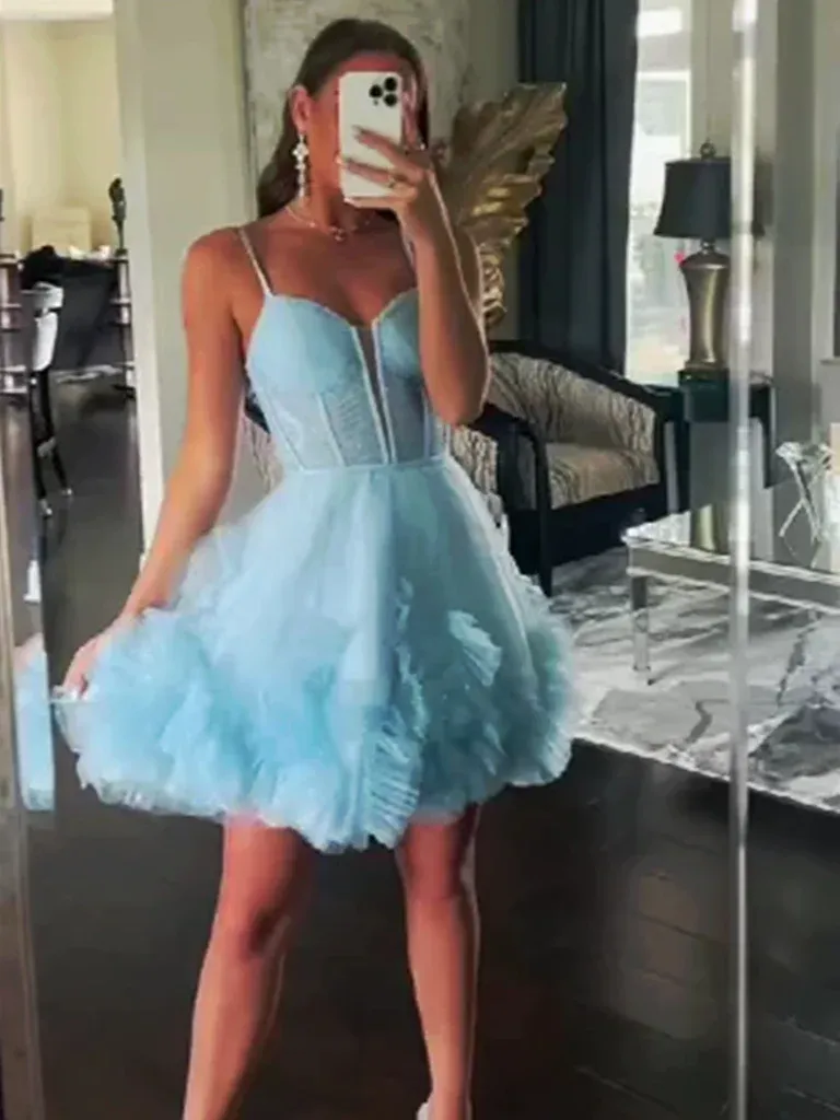 V Neck Pink Blue Short Prom Dresses, Short V Neck Pink Blue Formal Evening Homecoming Dresses