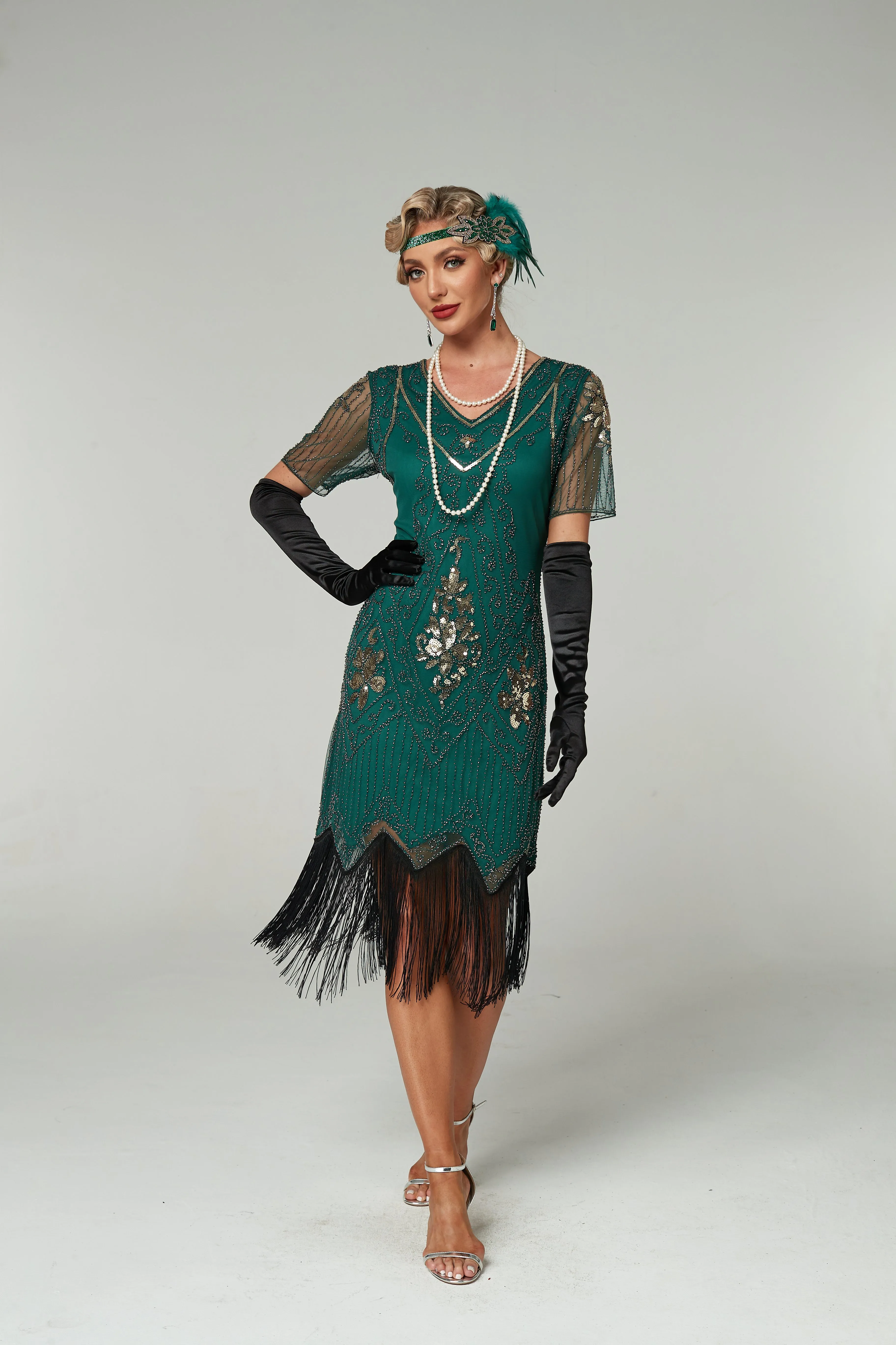 V Neck Sequined Beaded Tassels 1920S Gatsby Dress